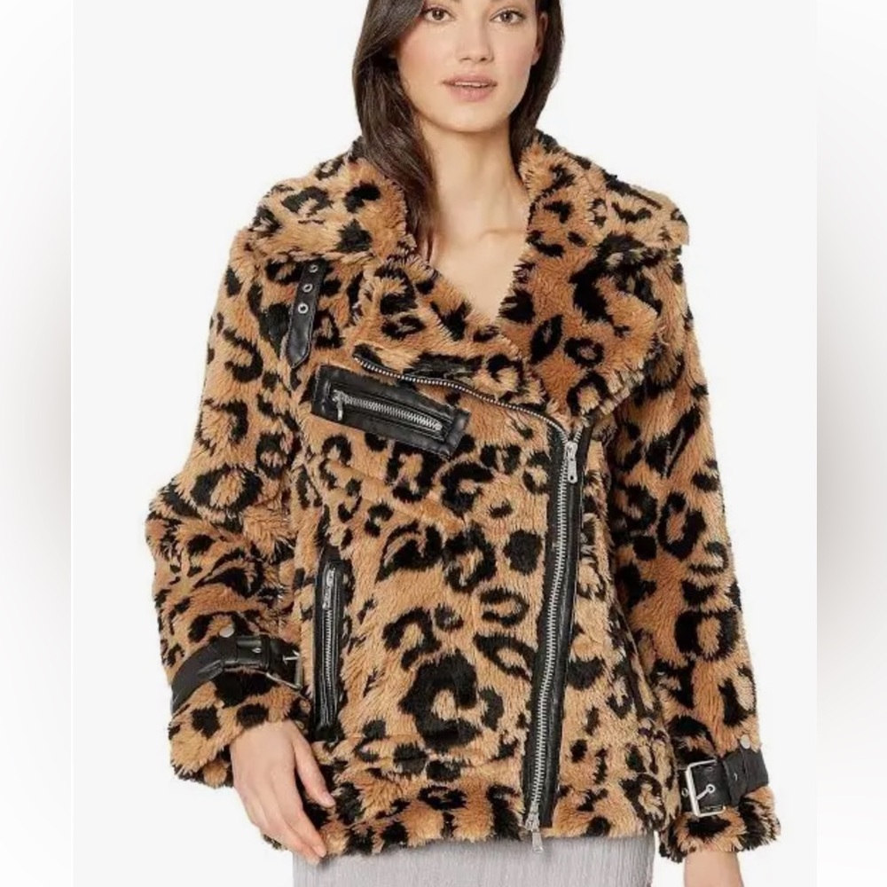 NWT Avec Les Filles Teddy Faux Fur Biker Moto Jacket Leopard